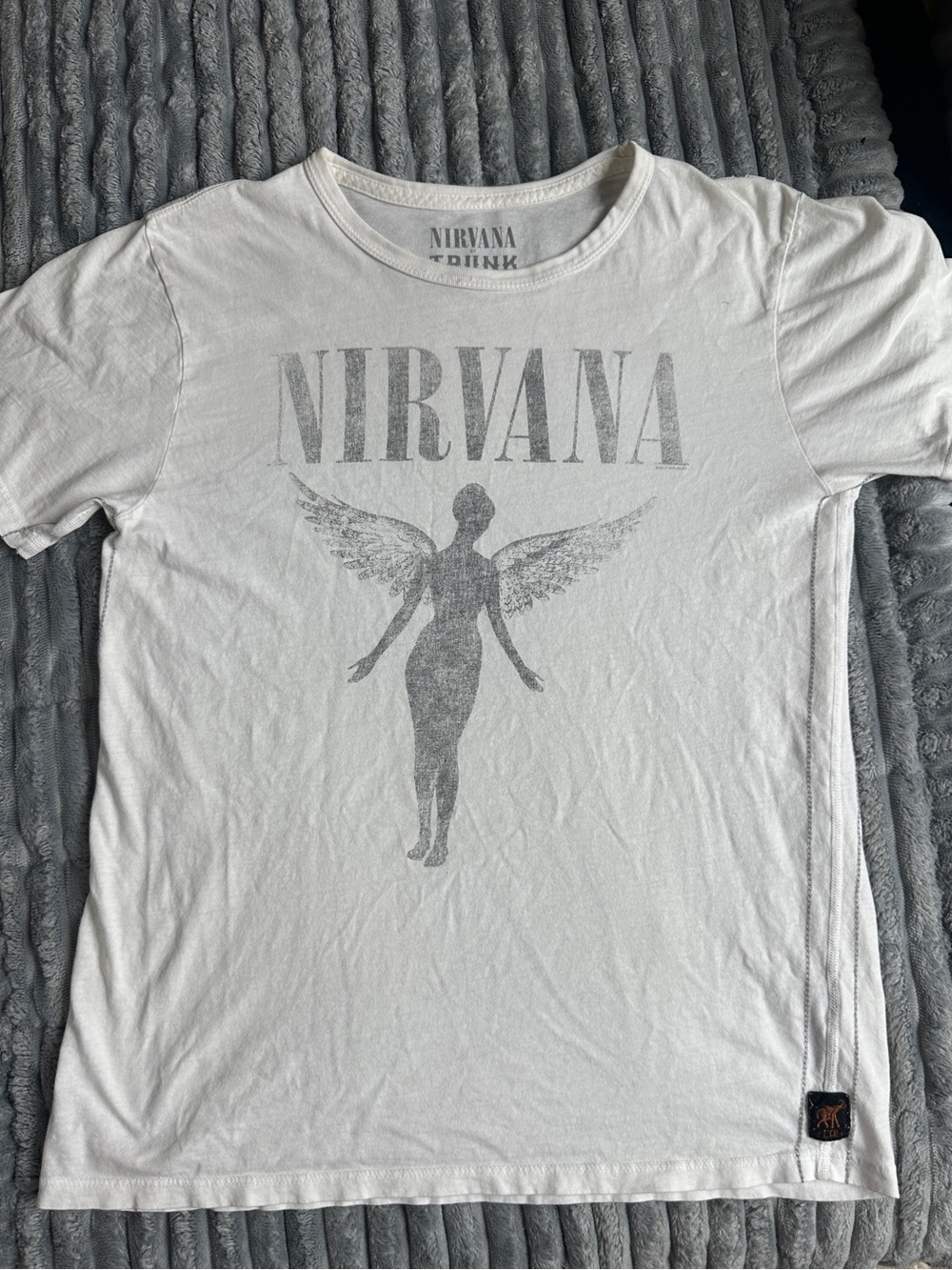NIRVANA trunk for free people off White Tee with Gray Angel Graphic tee